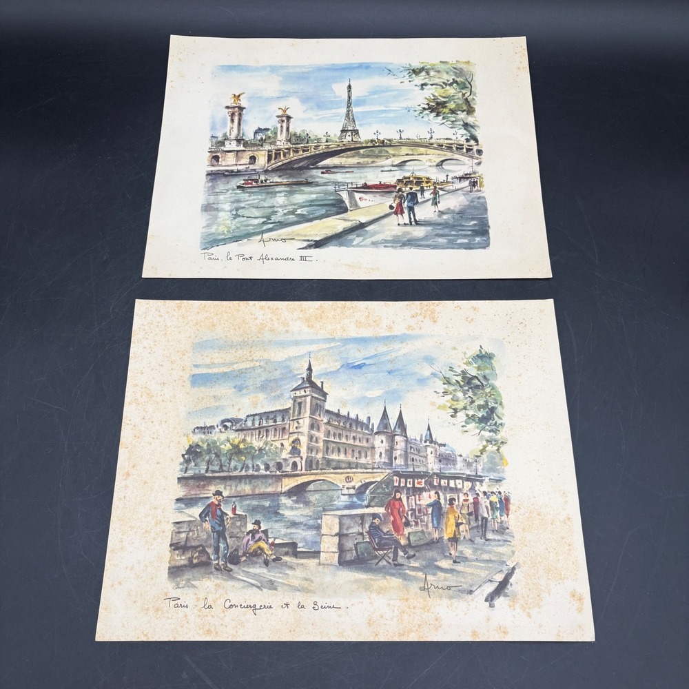 Vintage Arno Paris Watercolor Prints Pont Alexandre III Conciergerie Set of 2